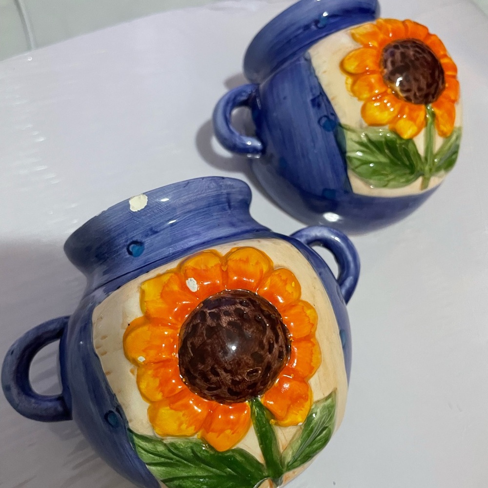 Hand-Painted Ceramic Sunflower Vase Pair - Blue and Orange
